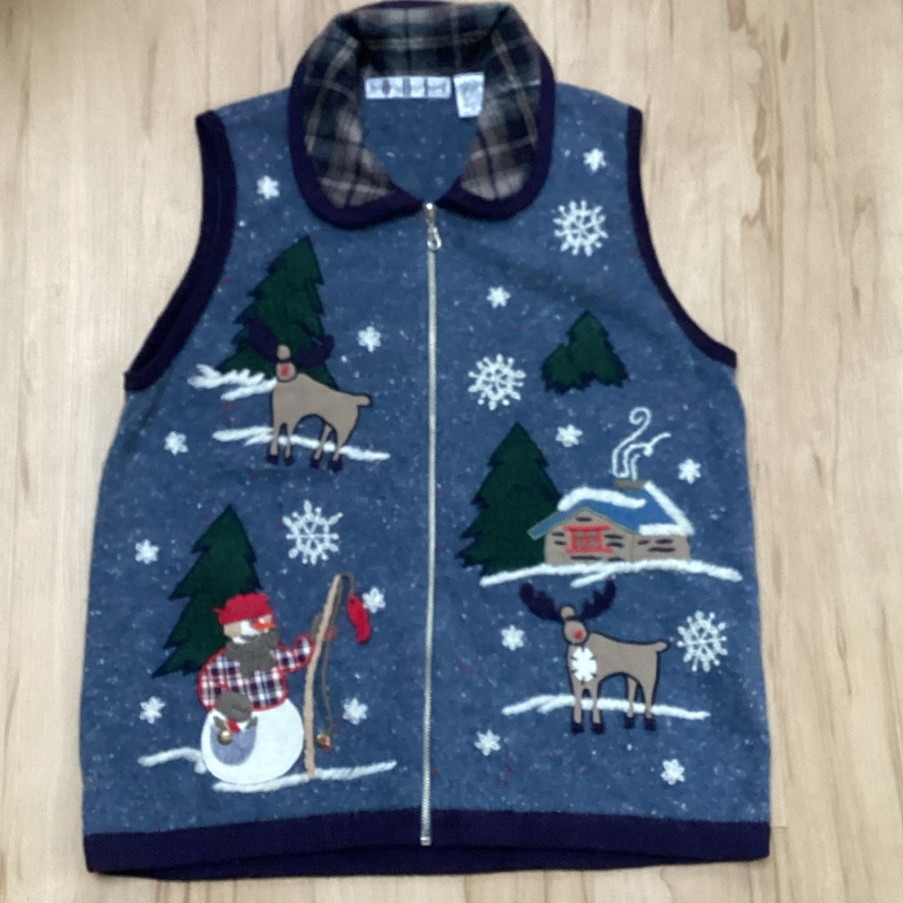 OPI‎ Vintage Embroidered Knit Snowman Deer Rustic Plaid Collar Sweater Vest M